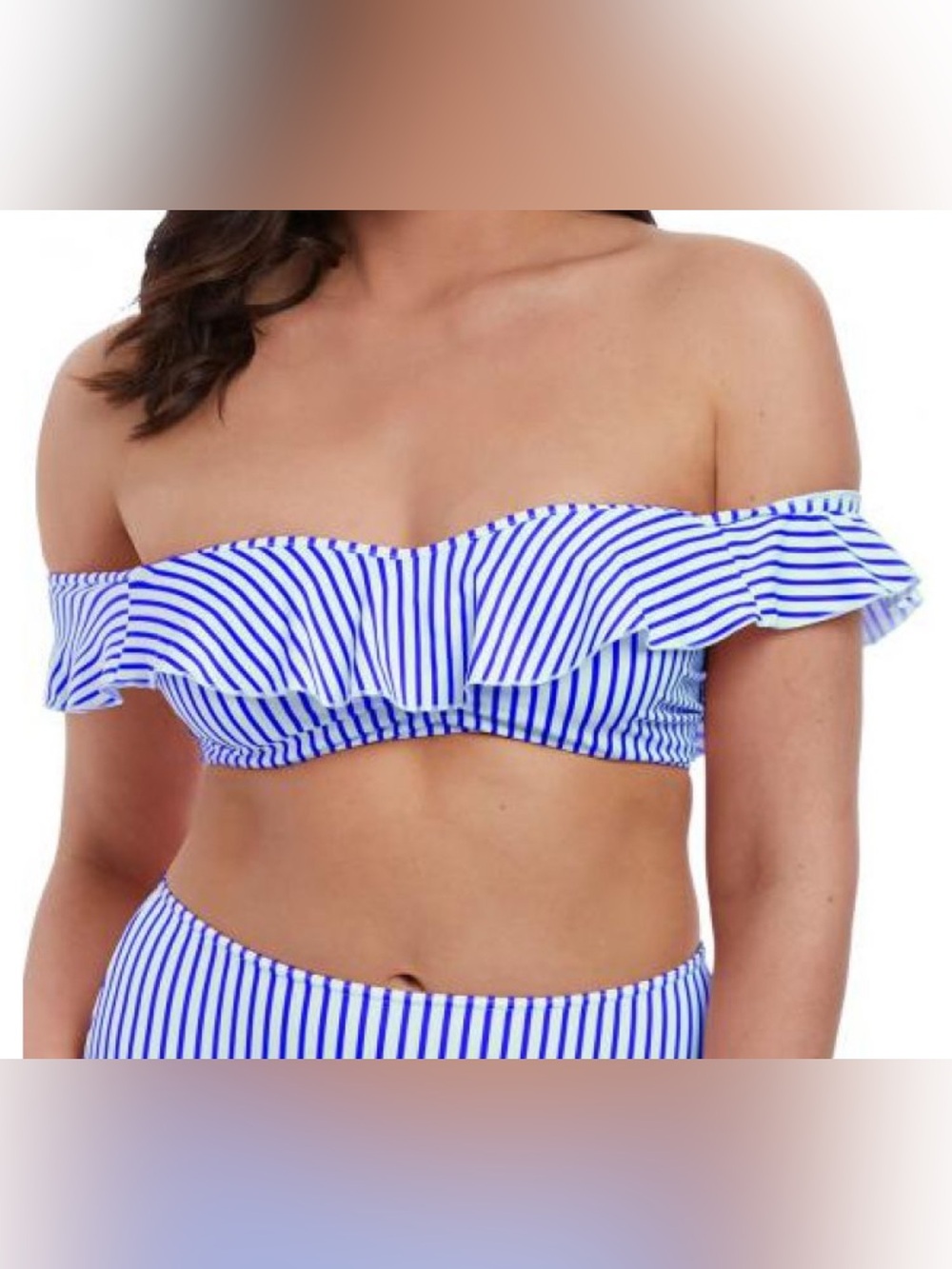 Freya Blue & White Stripe Ruffle Bikini Top with detachable straps 32DDD